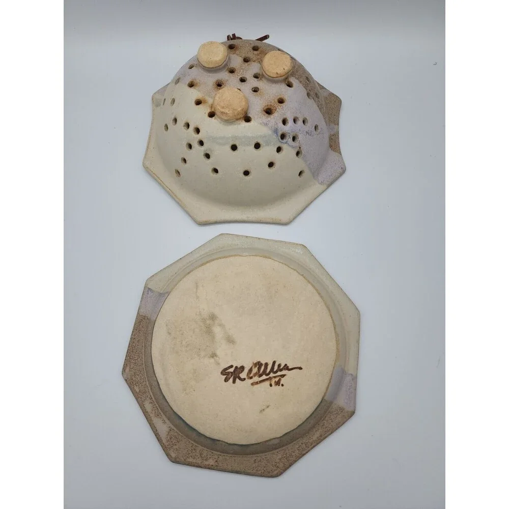 Berry Bowl Pottery Strainer & Dish Signed SR Allen TN NEW Hanger Octagonal